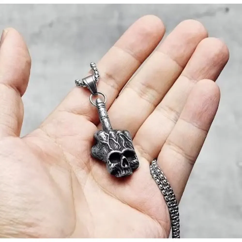 Metal Skull Middle Finger Necklace 60cm Chain Punk Rock Statement Jewelry